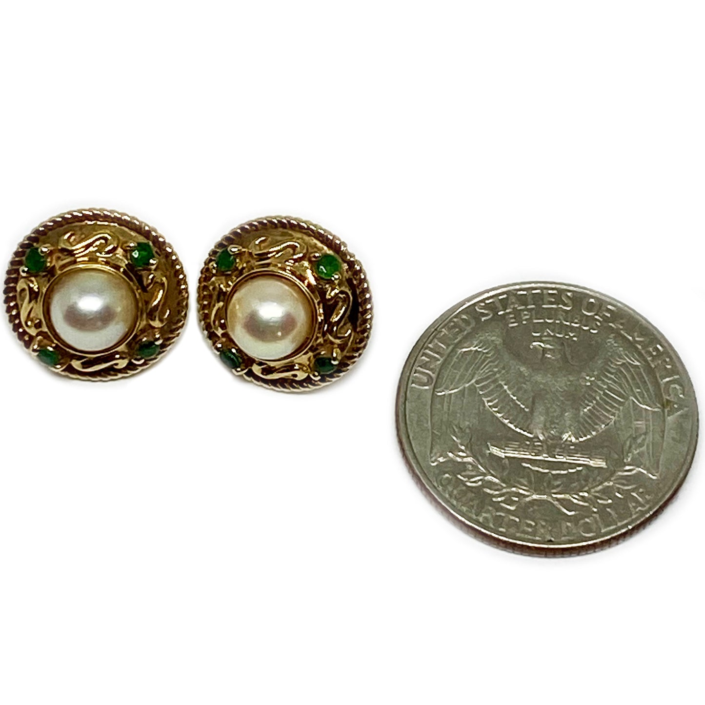 Vintage 9k Gold Mabe Pearl Green Stone Stud Earrings