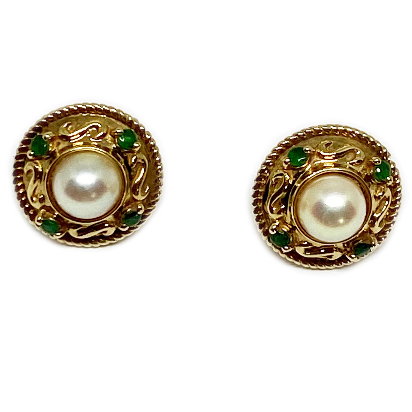 Vintage 9k Gold Mabe Pearl Green Stone Stud Earrings