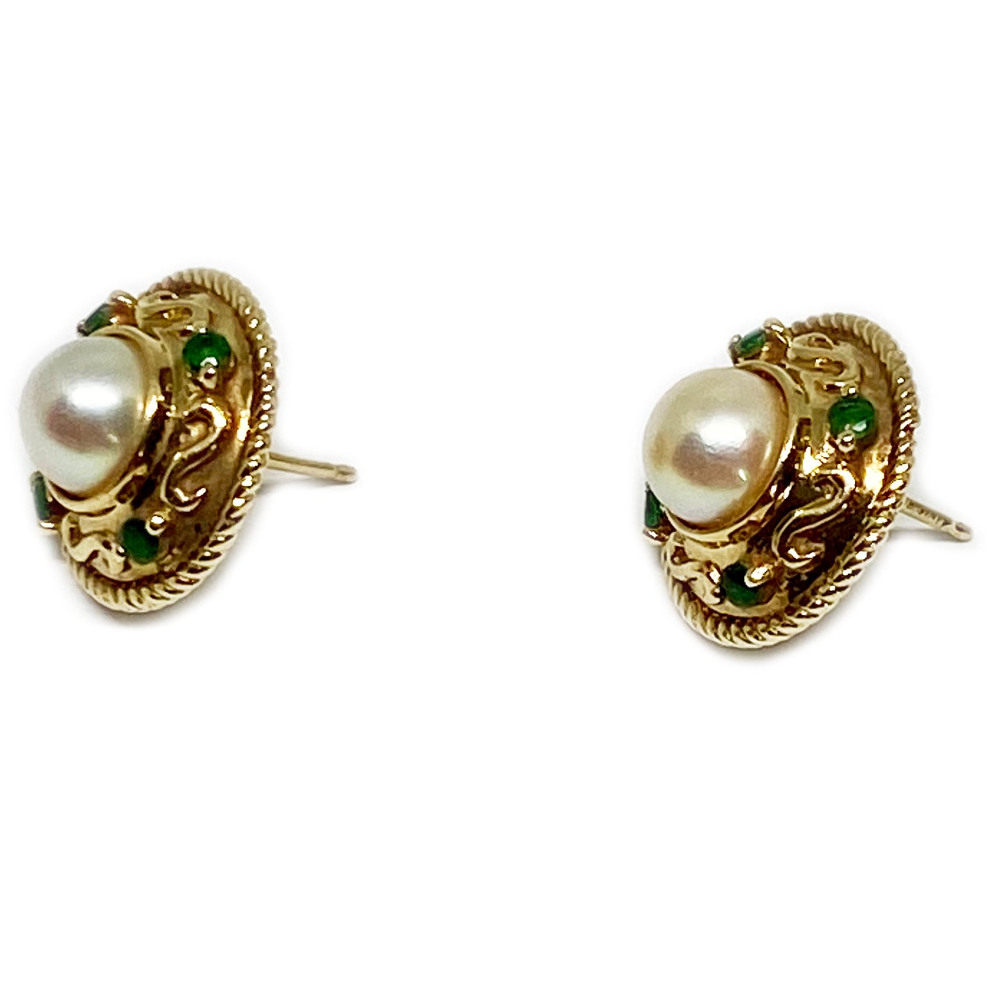 Vintage 9k Gold Mabe Pearl Green Stone Stud Earrings