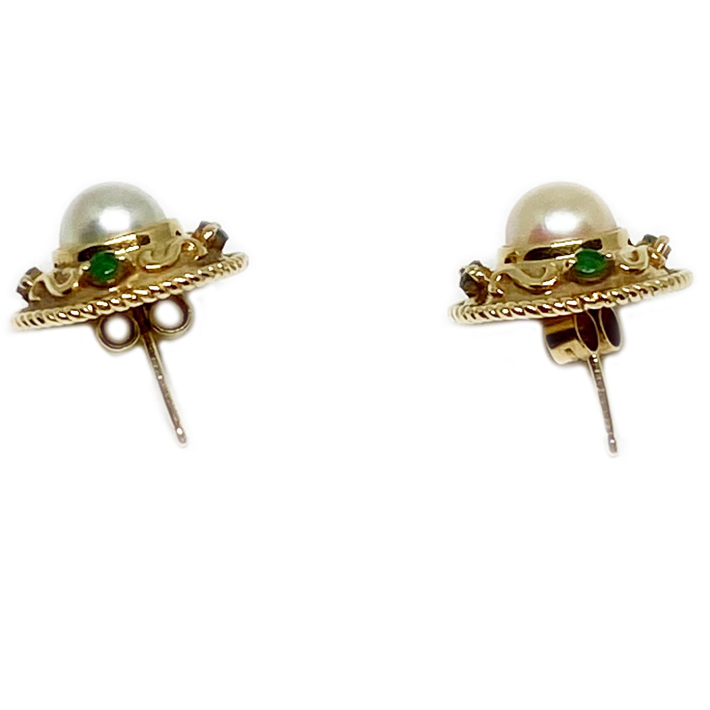 Vintage 9k Gold Mabe Pearl Green Stone Stud Earrings