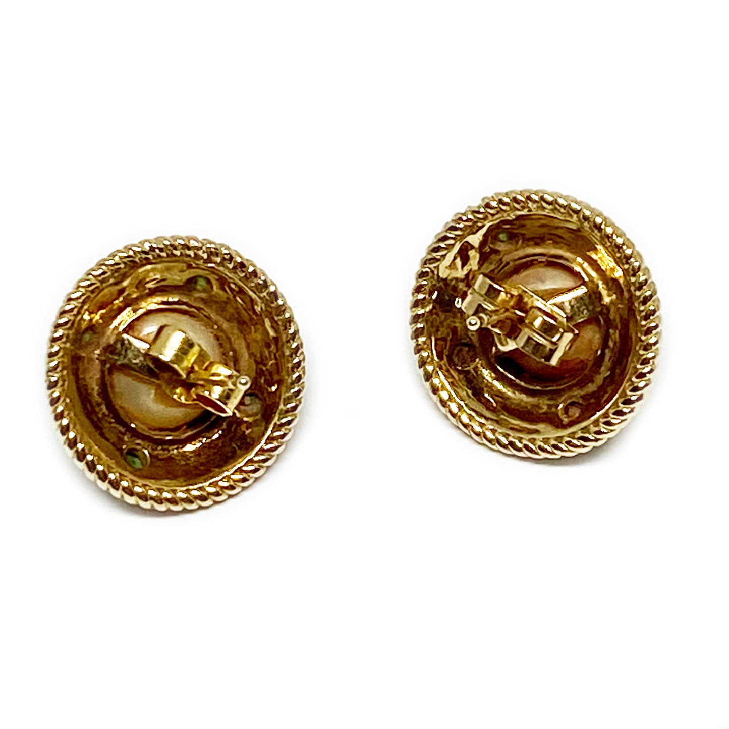 Vintage 9k Gold Mabe Pearl Green Stone Stud Earrings