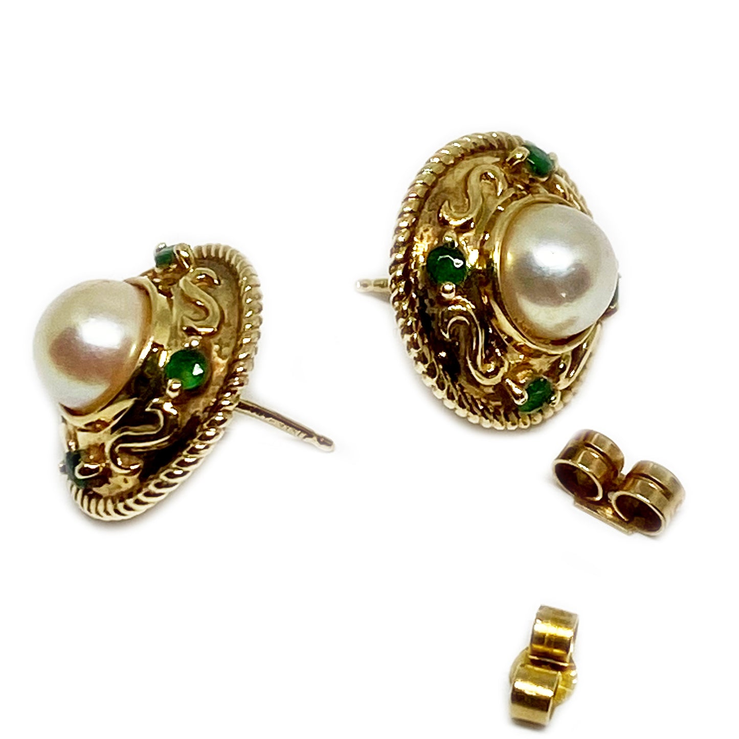 Vintage 9k Gold Mabe Pearl Green Stone Stud Earrings