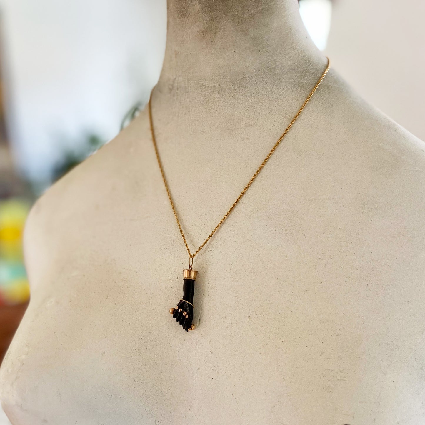 Antique 14K Gold 1940s Black Resin Figa Charm