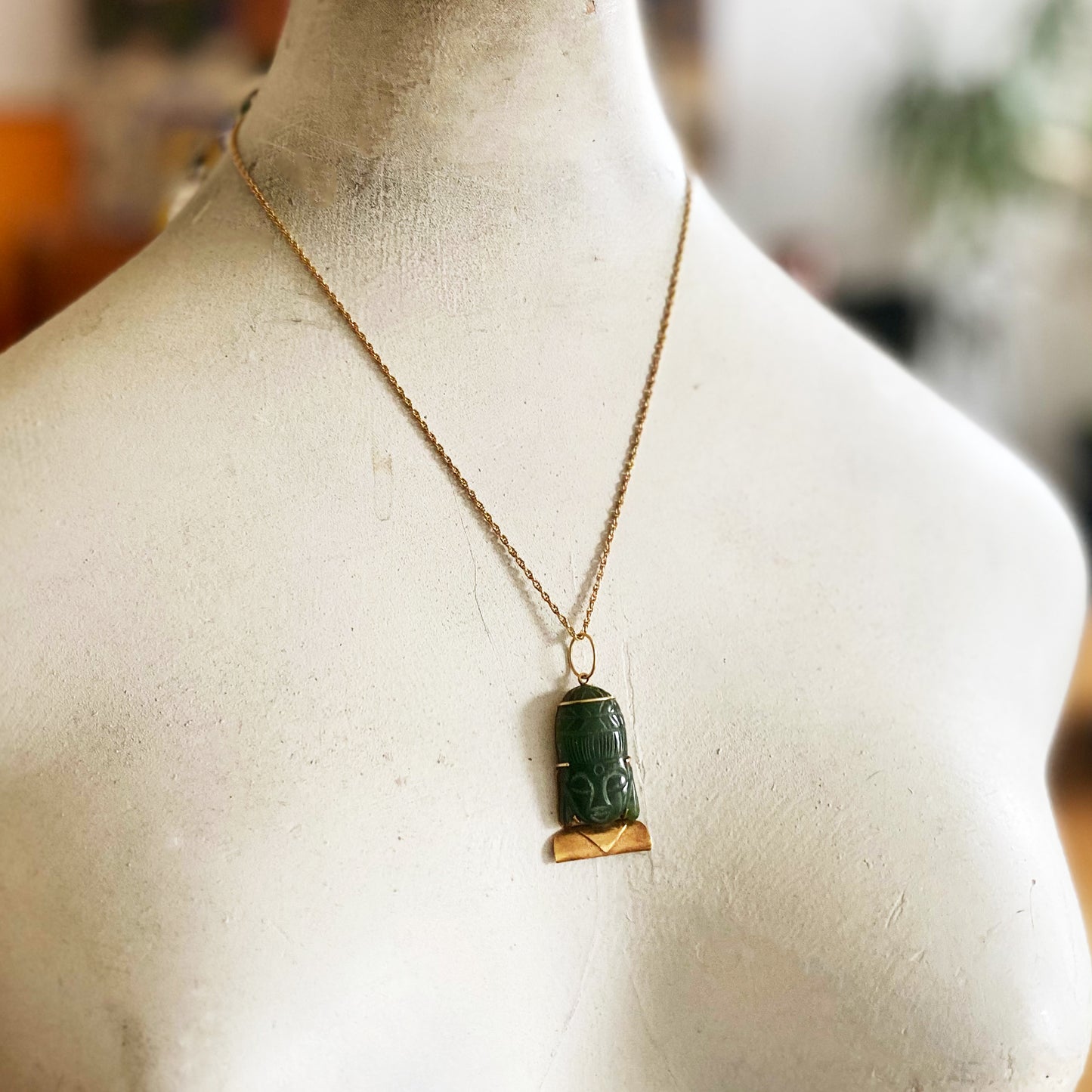 Vintage 18k Gold Jade Nephrite Buddha Face Charm