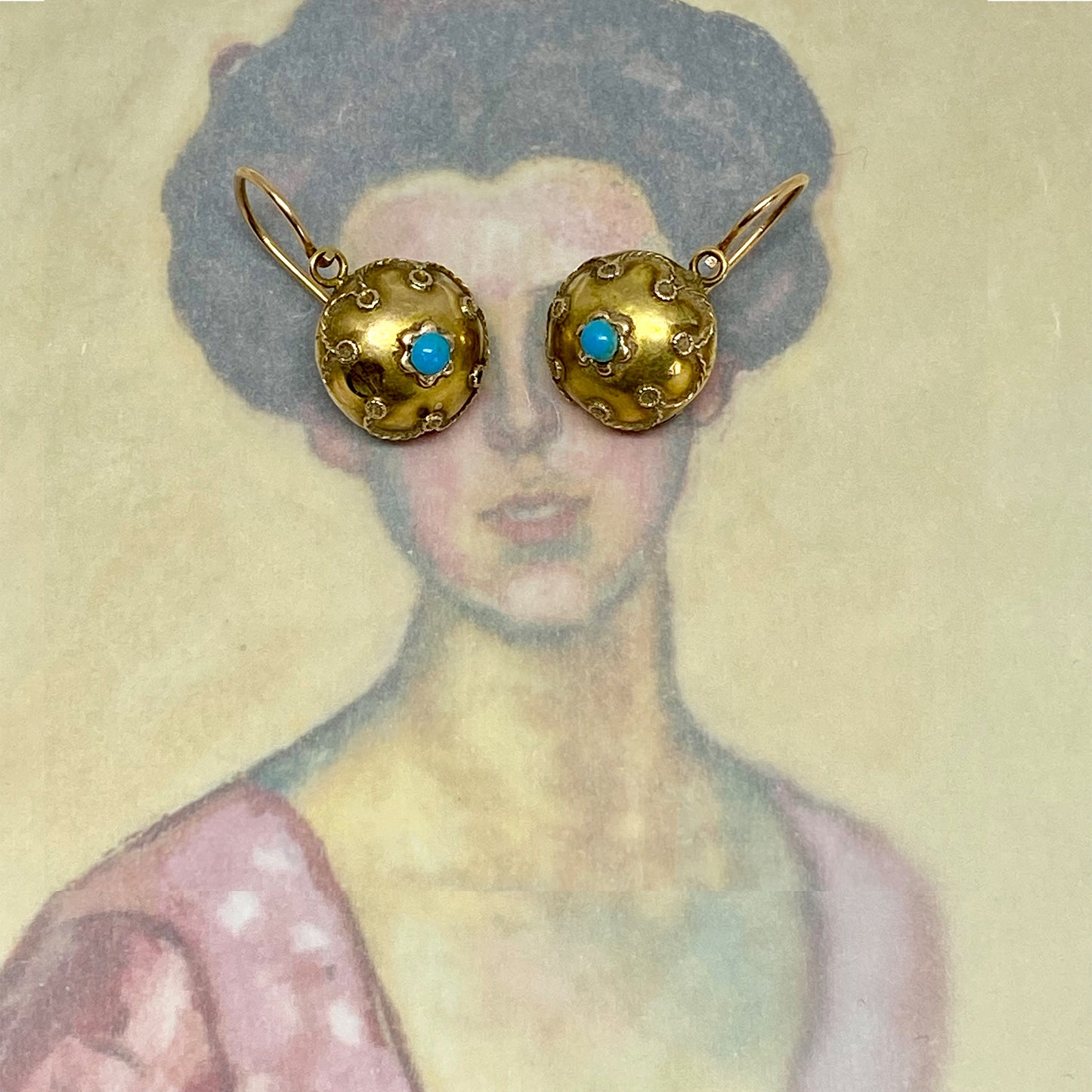 Antique 15ct Gold Victorian Etruscan Revival Gold Turquoise Orb Earrings