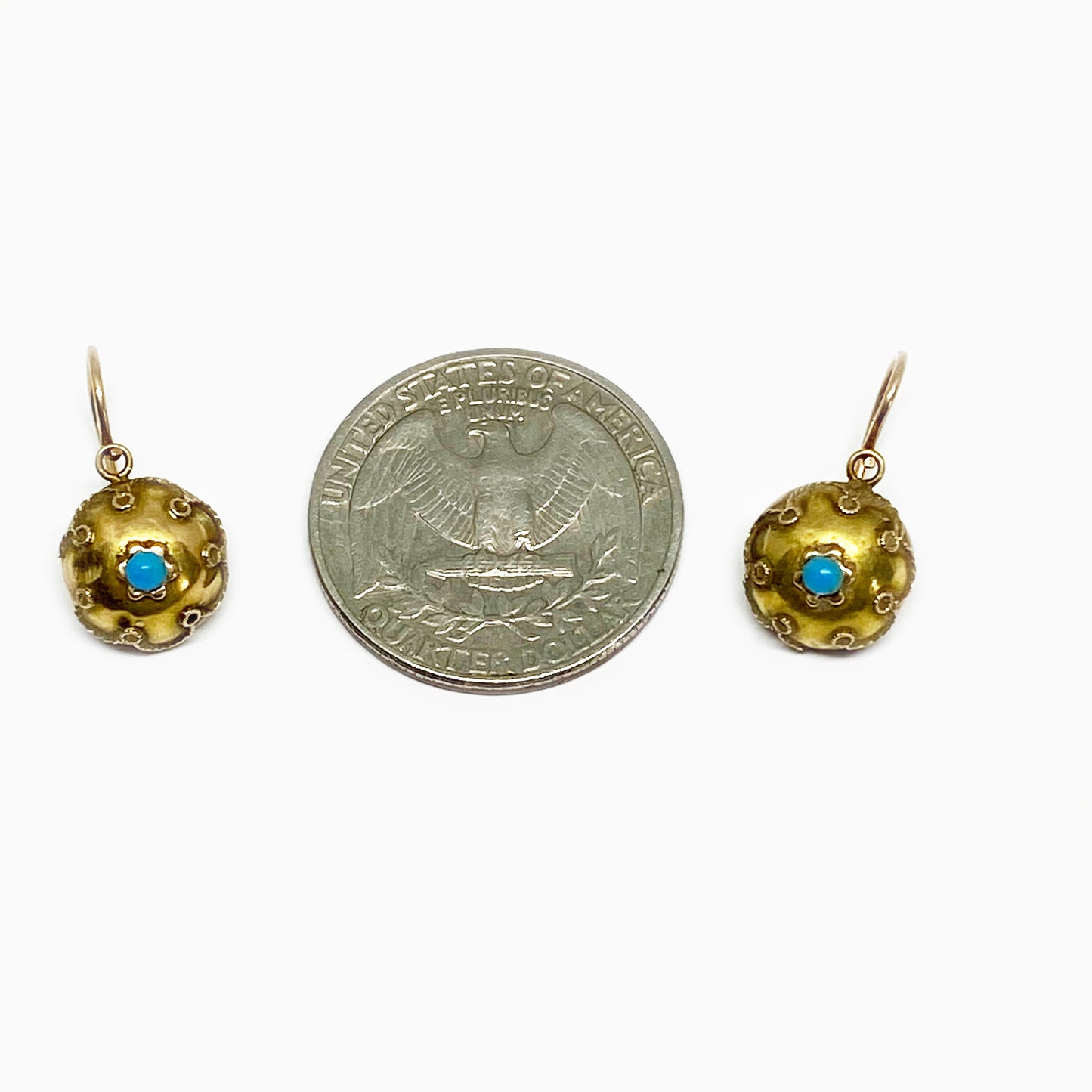 Antique 15ct Gold Victorian Etruscan Revival Gold Turquoise Orb Earrings