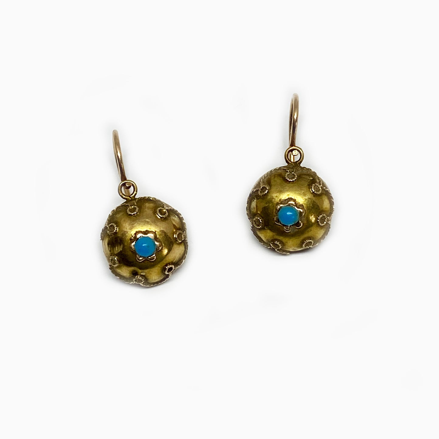 Antique 15ct Gold Victorian Etruscan Revival Gold Turquoise Orb Earrings