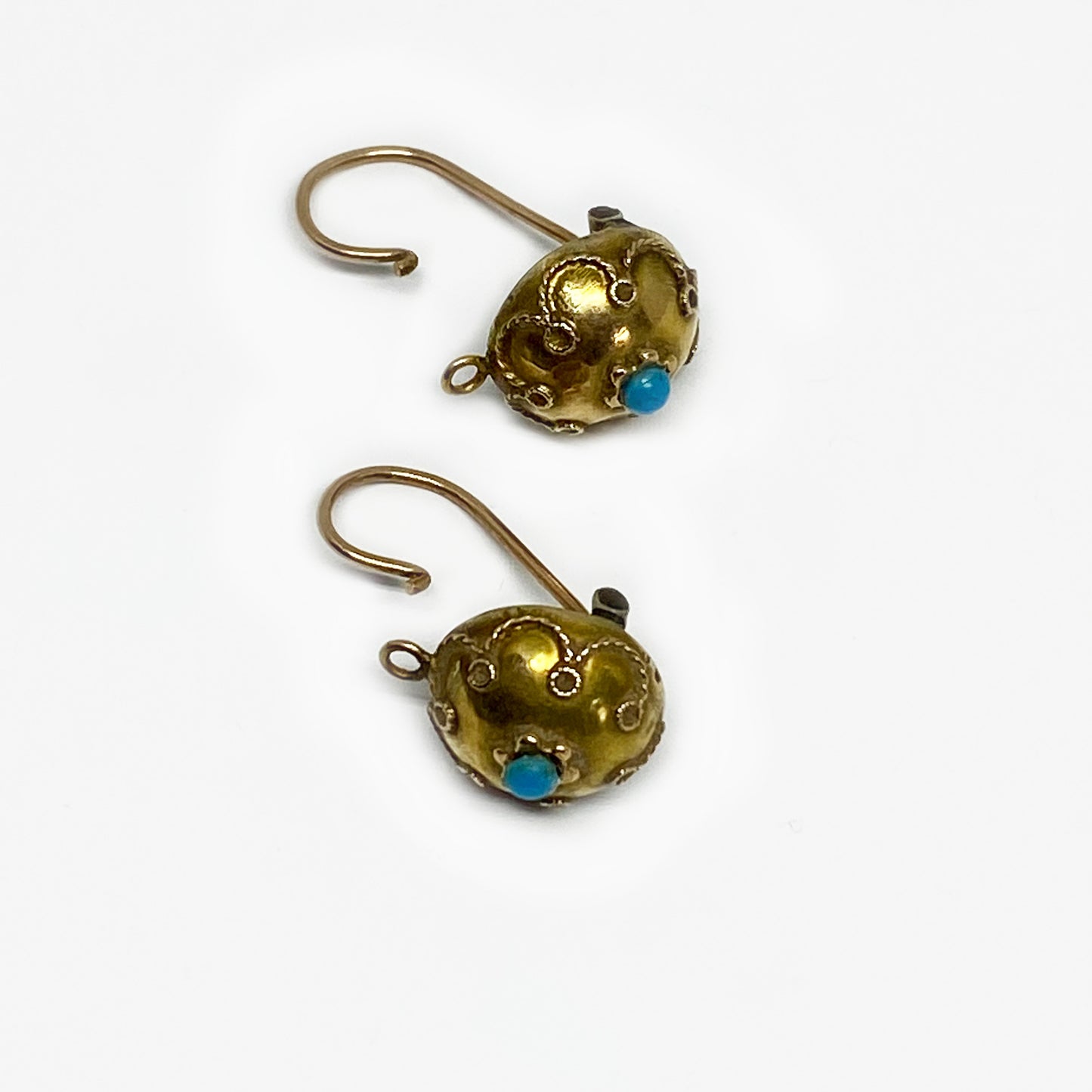 Antique 15ct Gold Victorian Etruscan Revival Gold Turquoise Orb Earrings