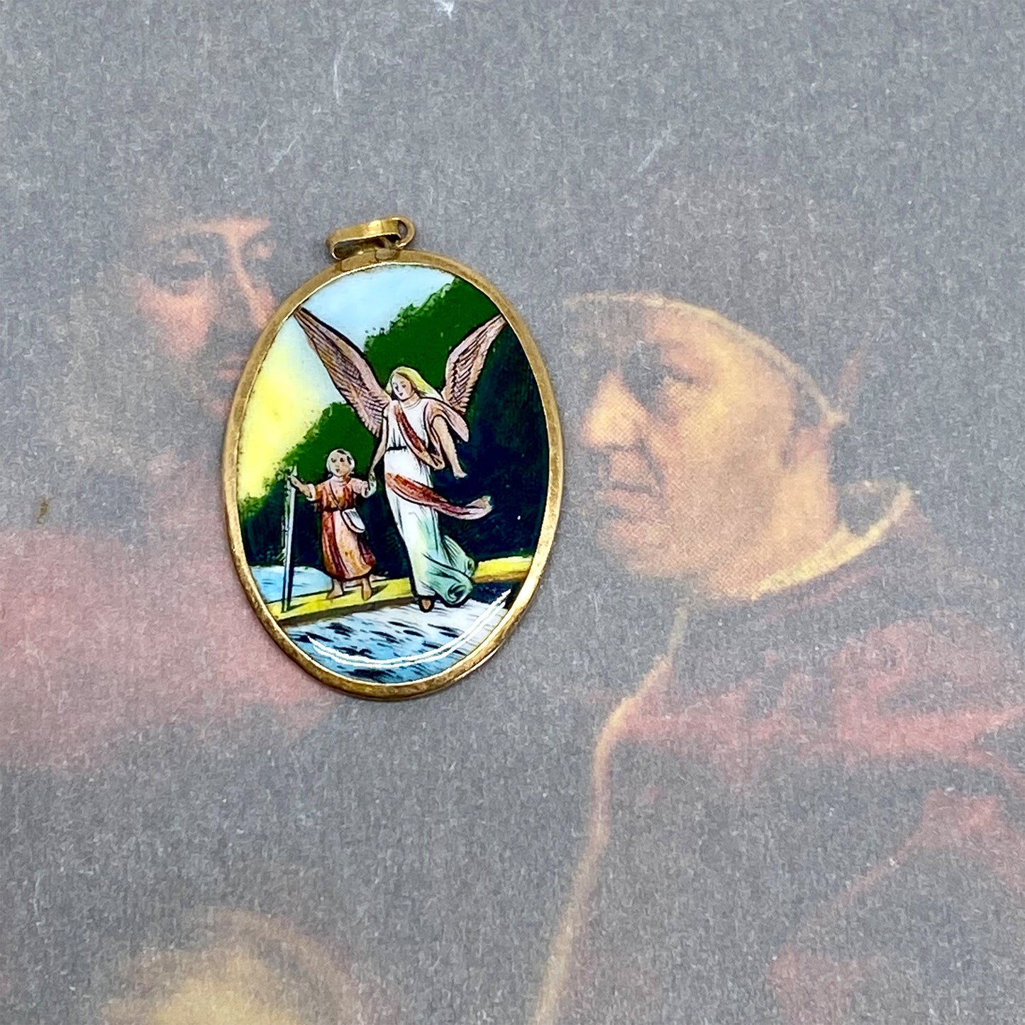 Vintage 14k Gold Enamel Religious Guardian Angel Medal