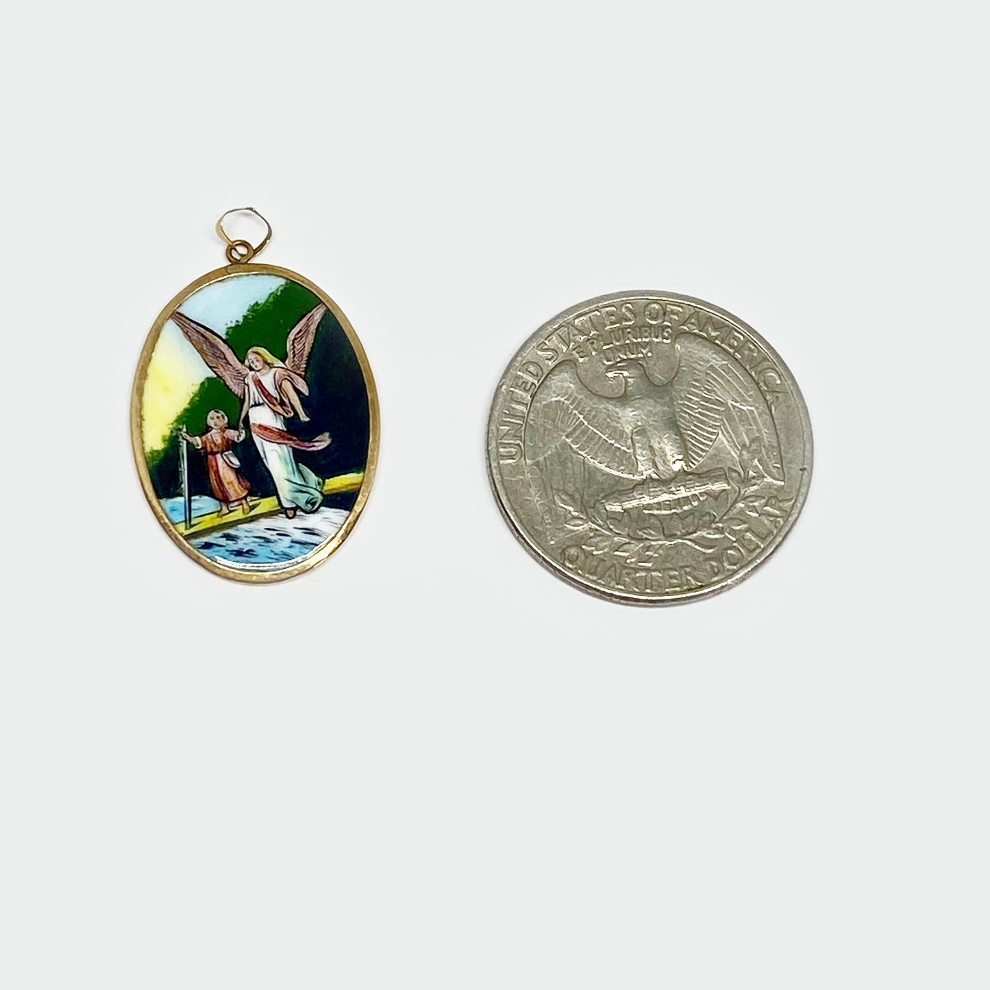 Vintage 14k Gold Enamel Religious Guardian Angel Medal