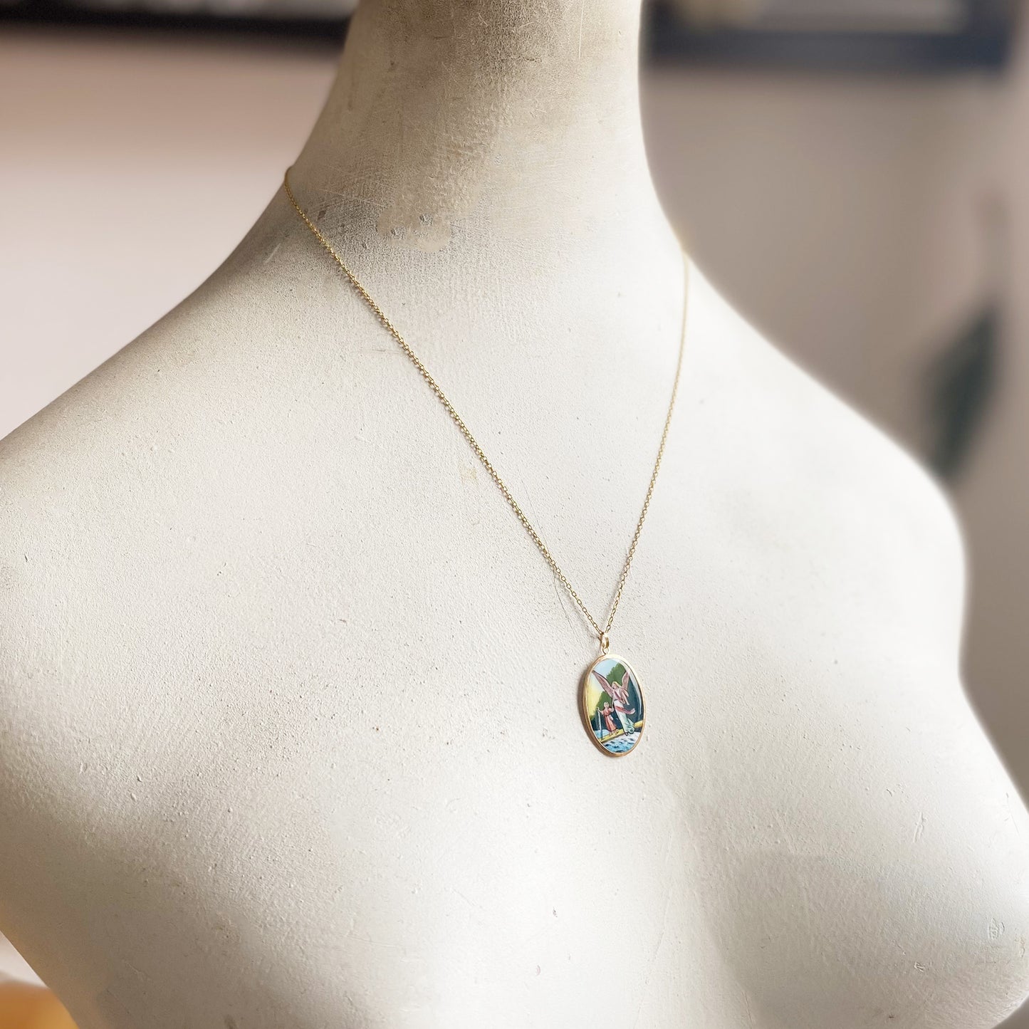 Vintage 14k Gold Enamel Religious Guardian Angel Medal