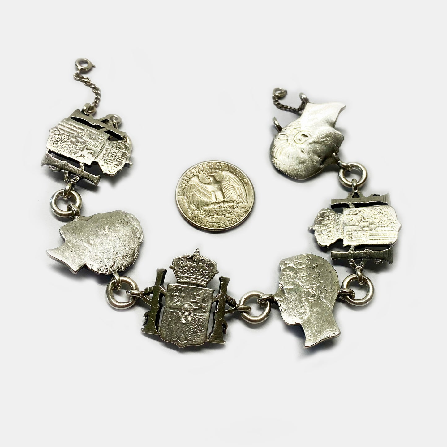 Antique Continental Silver Silhouette Coins, Silver Coin Bracelet