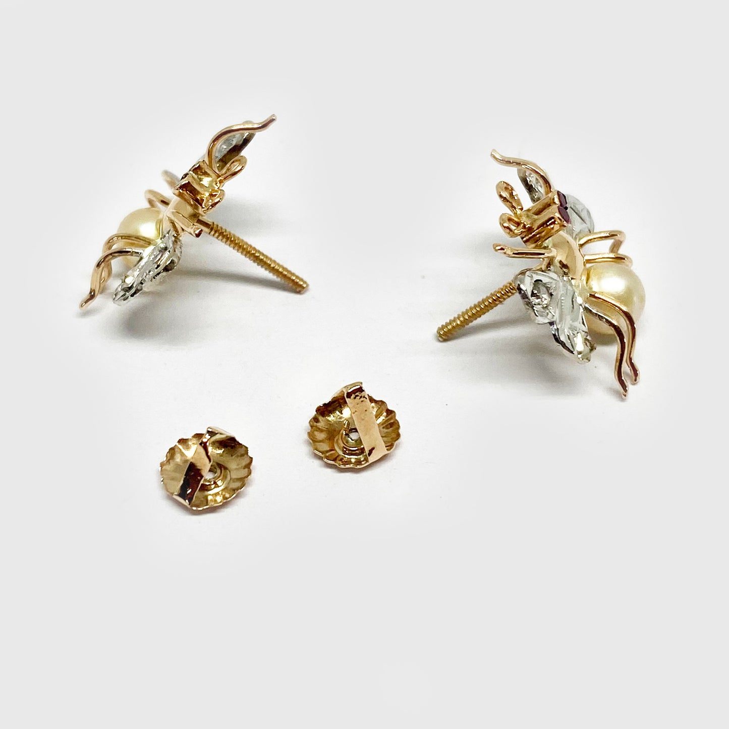 Antique 18k Gold Insect Bees Art Deco Stud Earrings