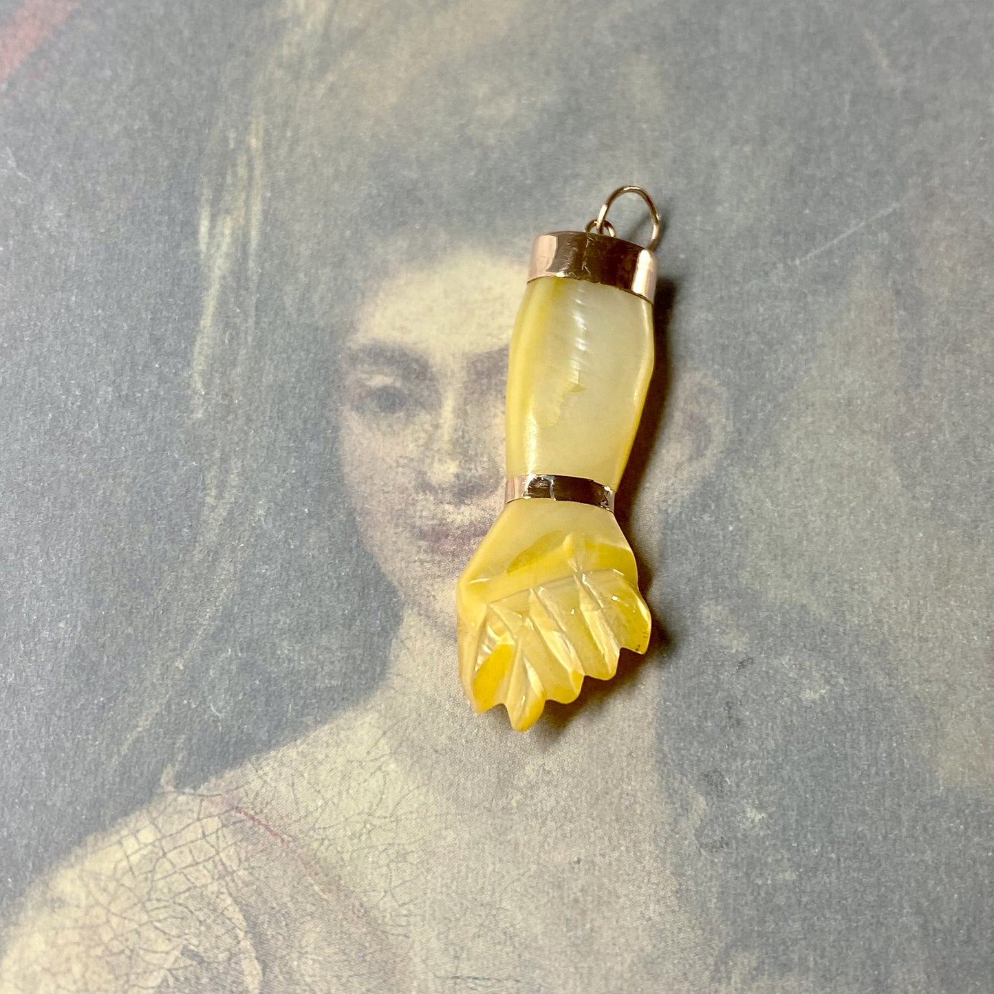 Antique 18K Gold Carved Mother Of Pearl Figa Charm