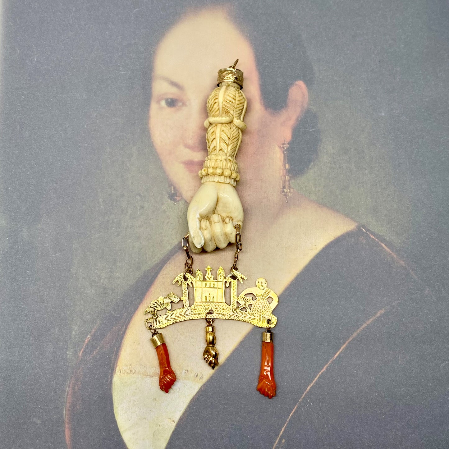 9K Gold Antique Bone Coral Victorian Large Figa Charm