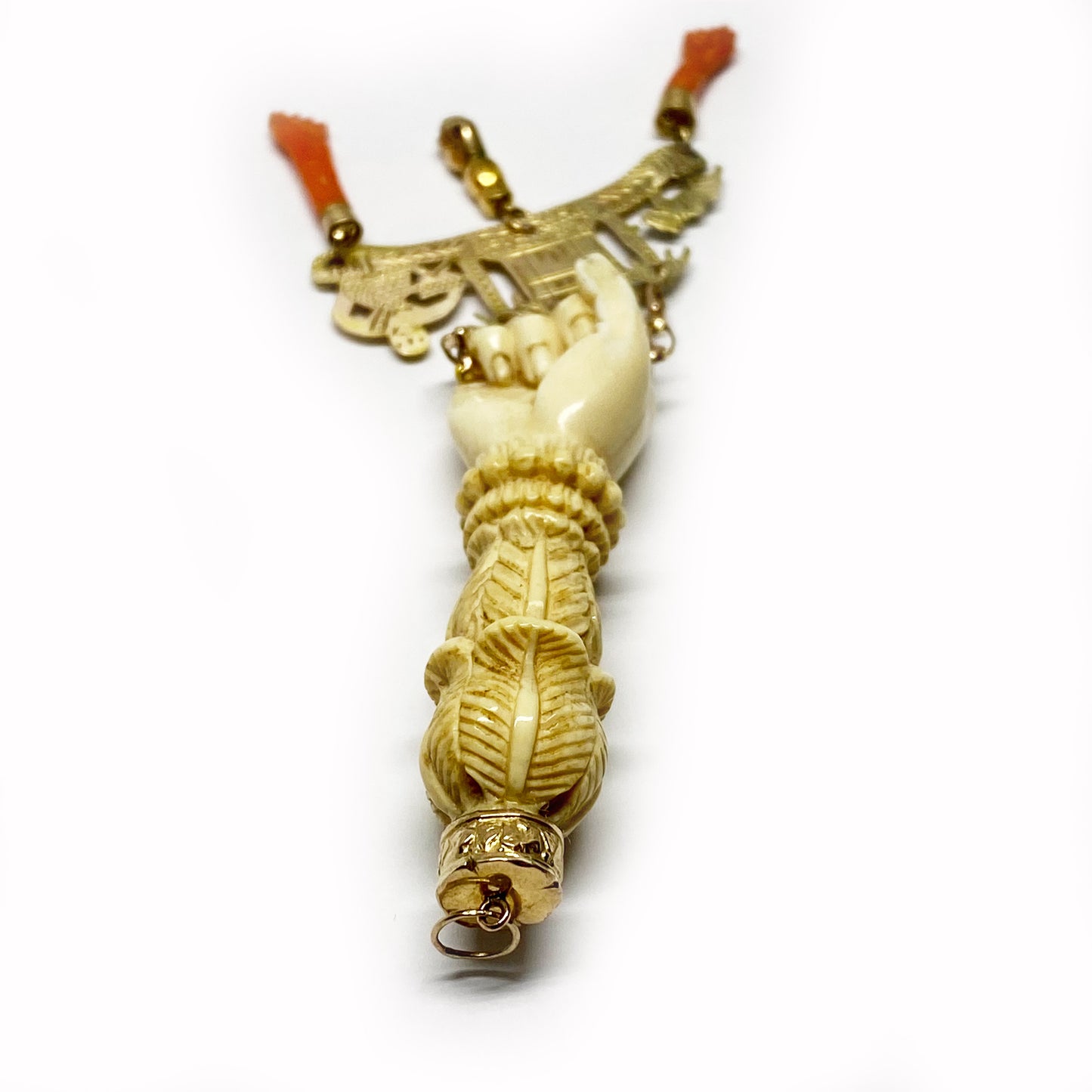 9K Gold Antique Bone Coral Victorian Large Figa Charm