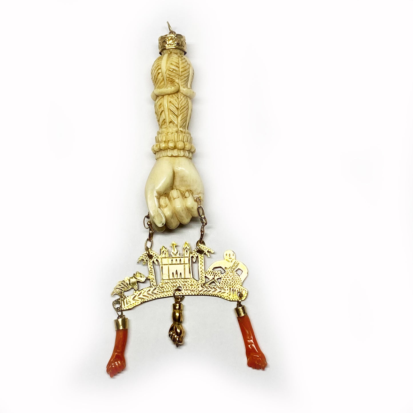 9K Gold Antique Bone Coral Victorian Large Figa Charm