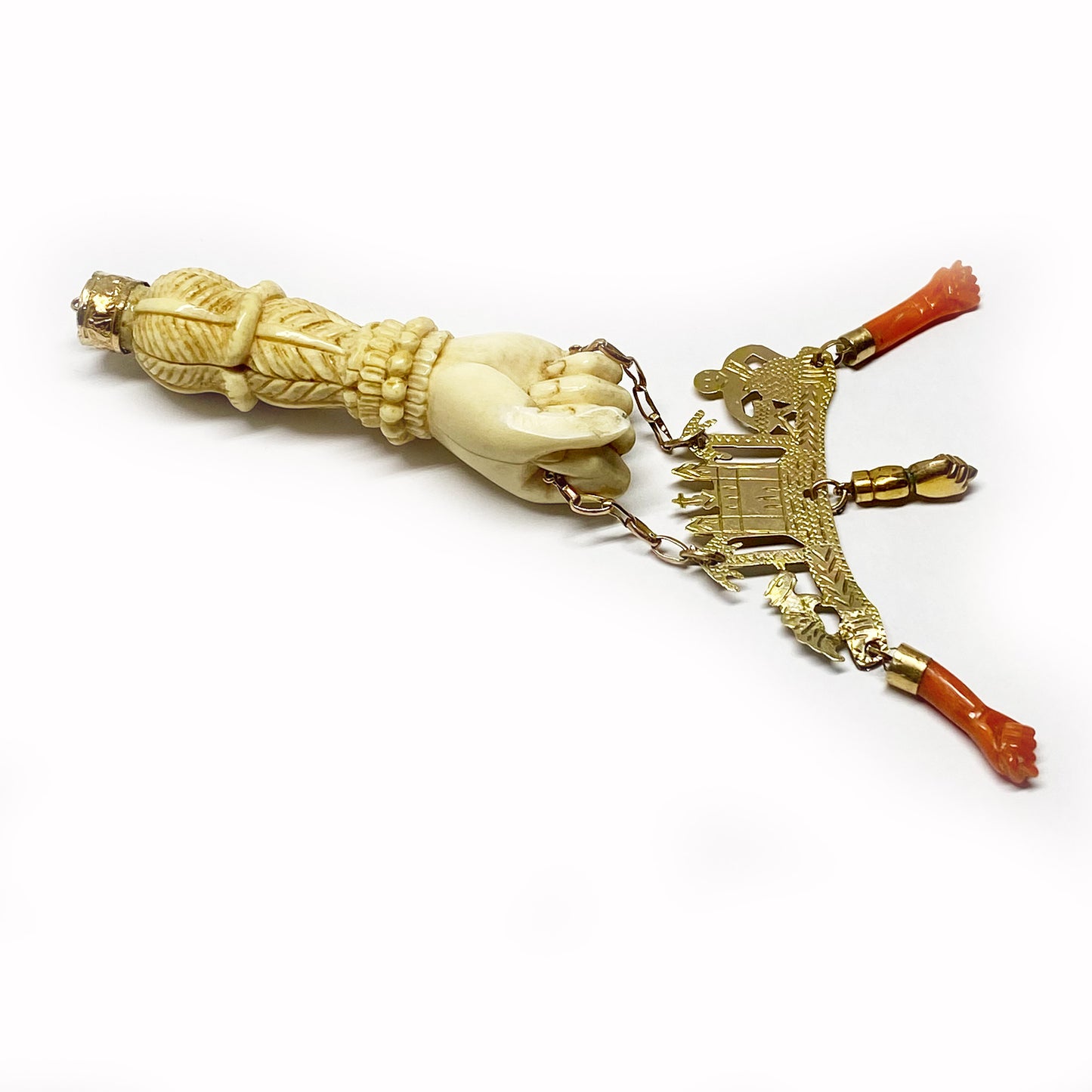 9K Gold Antique Bone Coral Victorian Large Figa Charm