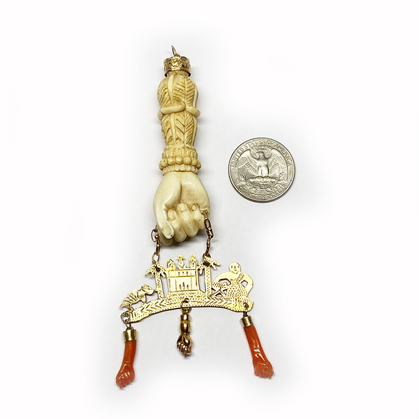 9K Gold Antique Bone Coral Victorian Large Figa Charm