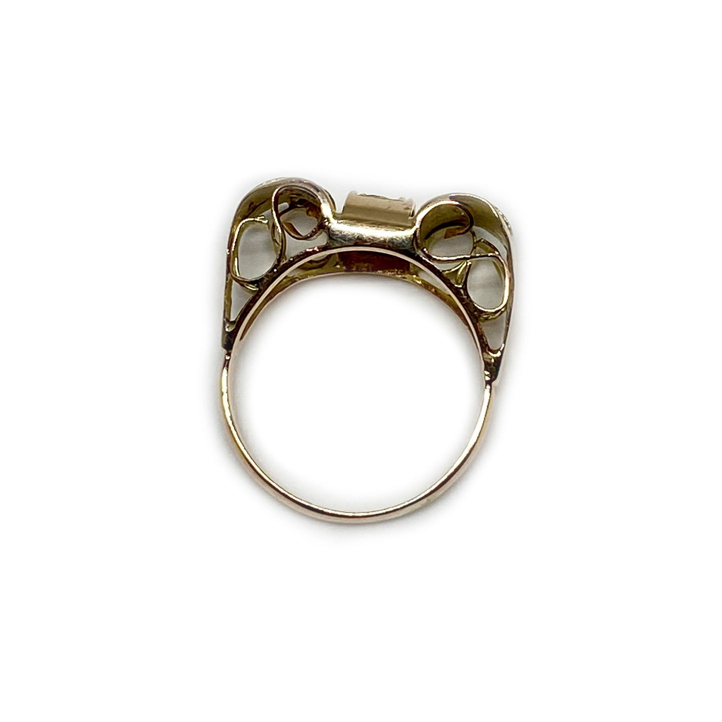 Antique Art Deco Diamonds Ruby, Solid 14k Rose Gold Tank Ring (1088)