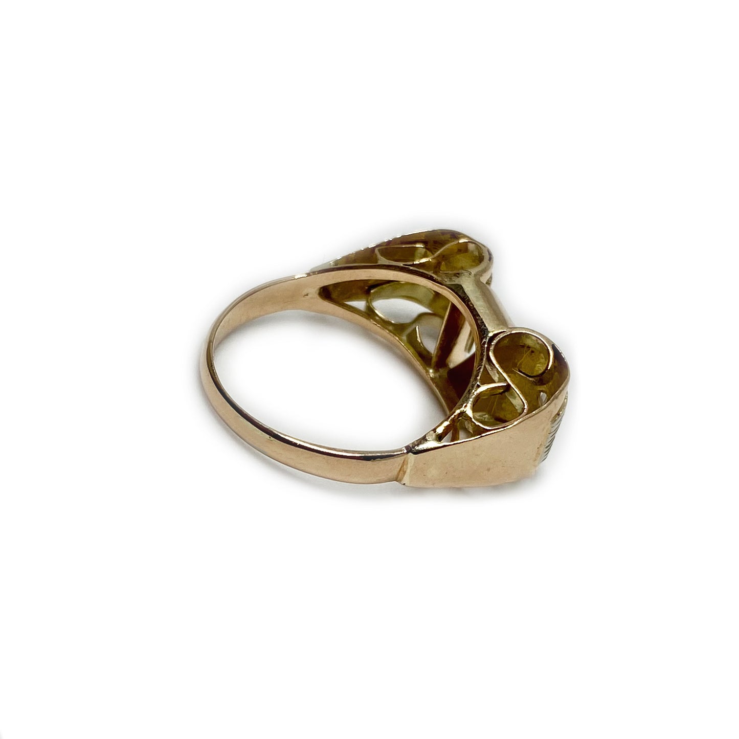 Antique Art Deco Diamonds Ruby, Solid 14k Rose Gold Tank Ring (1088)