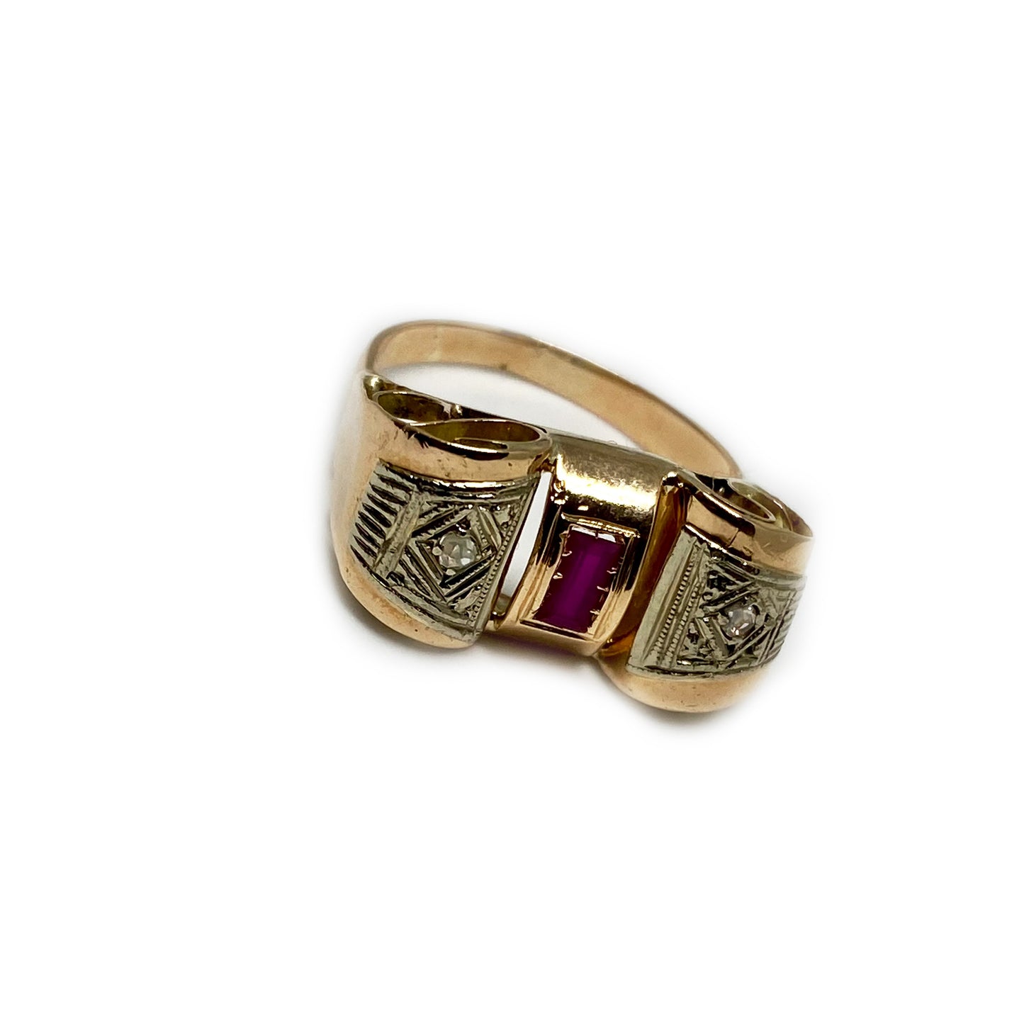 Antique Art Deco Diamonds Ruby, Solid 14k Rose Gold Tank Ring (1088)