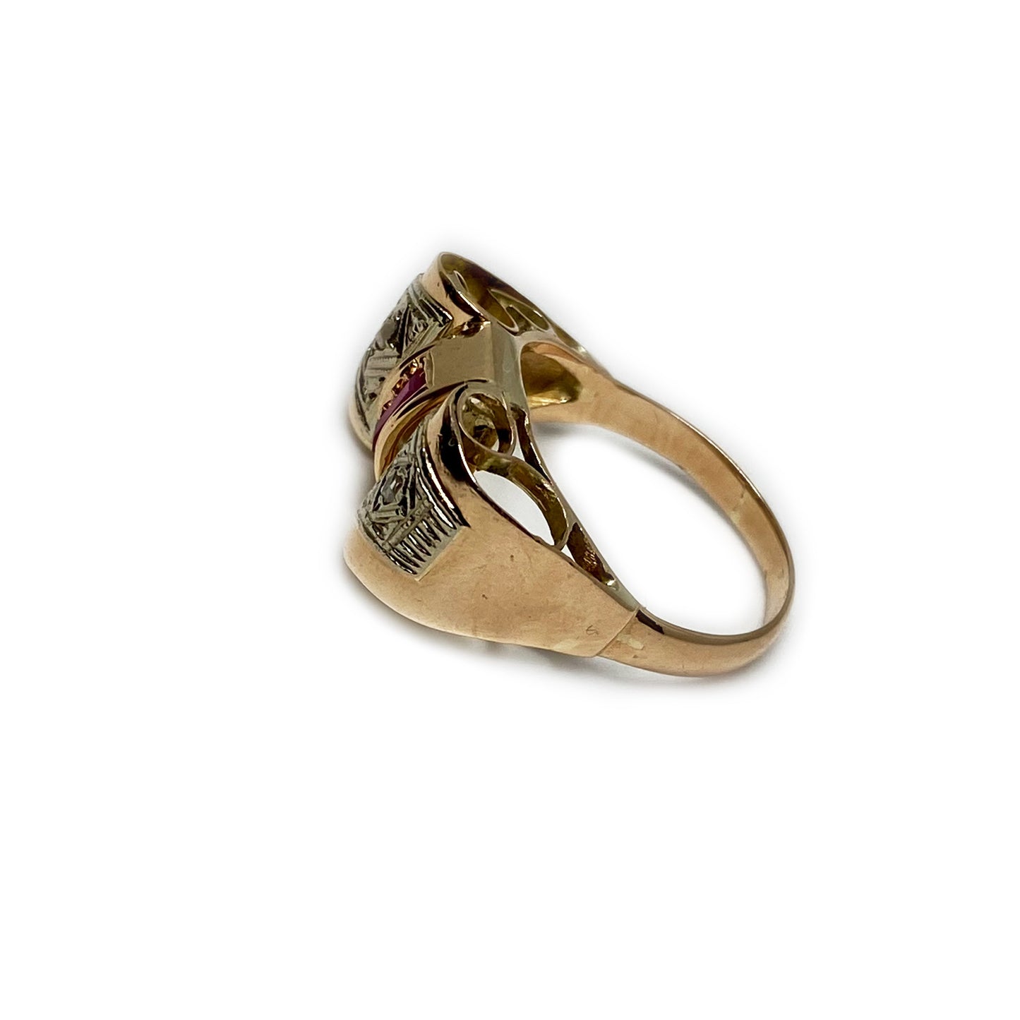 Antique Art Deco Diamonds Ruby, Solid 14k Rose Gold Tank Ring (1088)