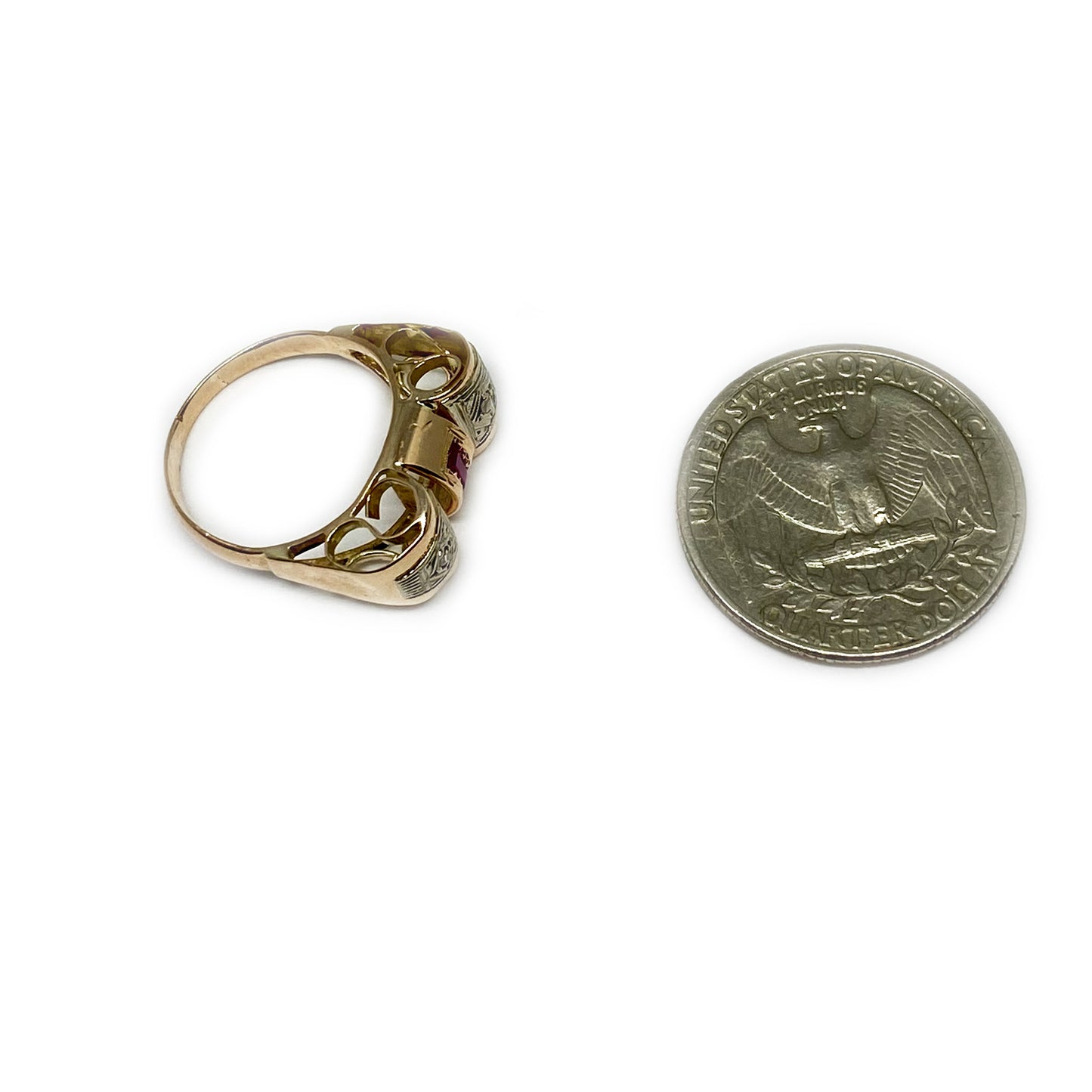 Antique Art Deco Diamonds Ruby, Solid 14k Rose Gold Tank Ring (1088)