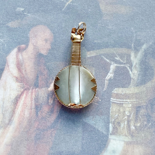 Antique 14k Gold 1920s Mother of Pearl Banjo Instrument Pendant (1117)