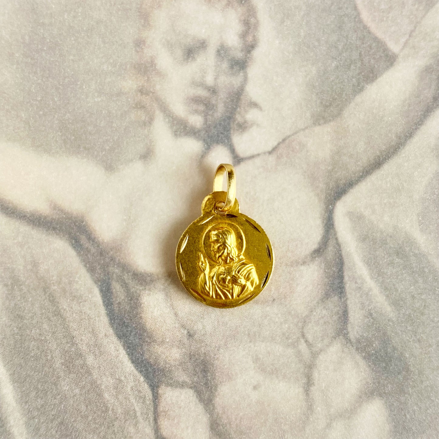 Vintage 18k Yellow Gold Religious Medal Pendant,Holy Mary, Jesus Scared Heart