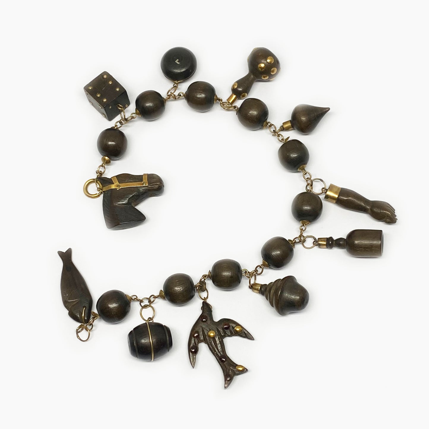 Vintage 14k Gold Wooden Charm Link Bracelet