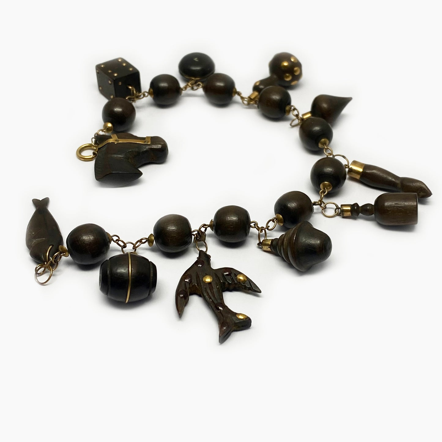 Vintage 14k Gold Wooden Charm Link Bracelet