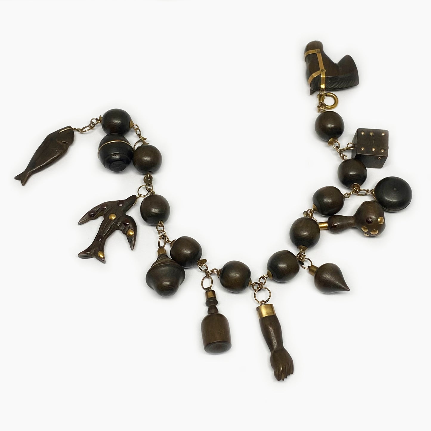 Vintage 14k Gold Wooden Charm Link Bracelet