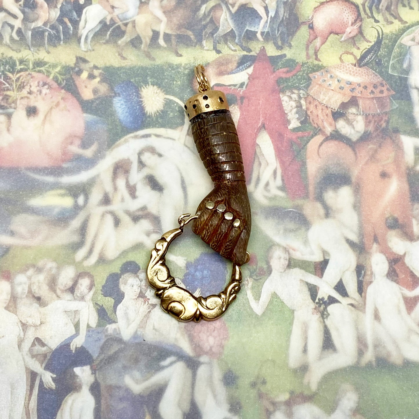 Antique 9K Gold Stained Horn Figa Charm