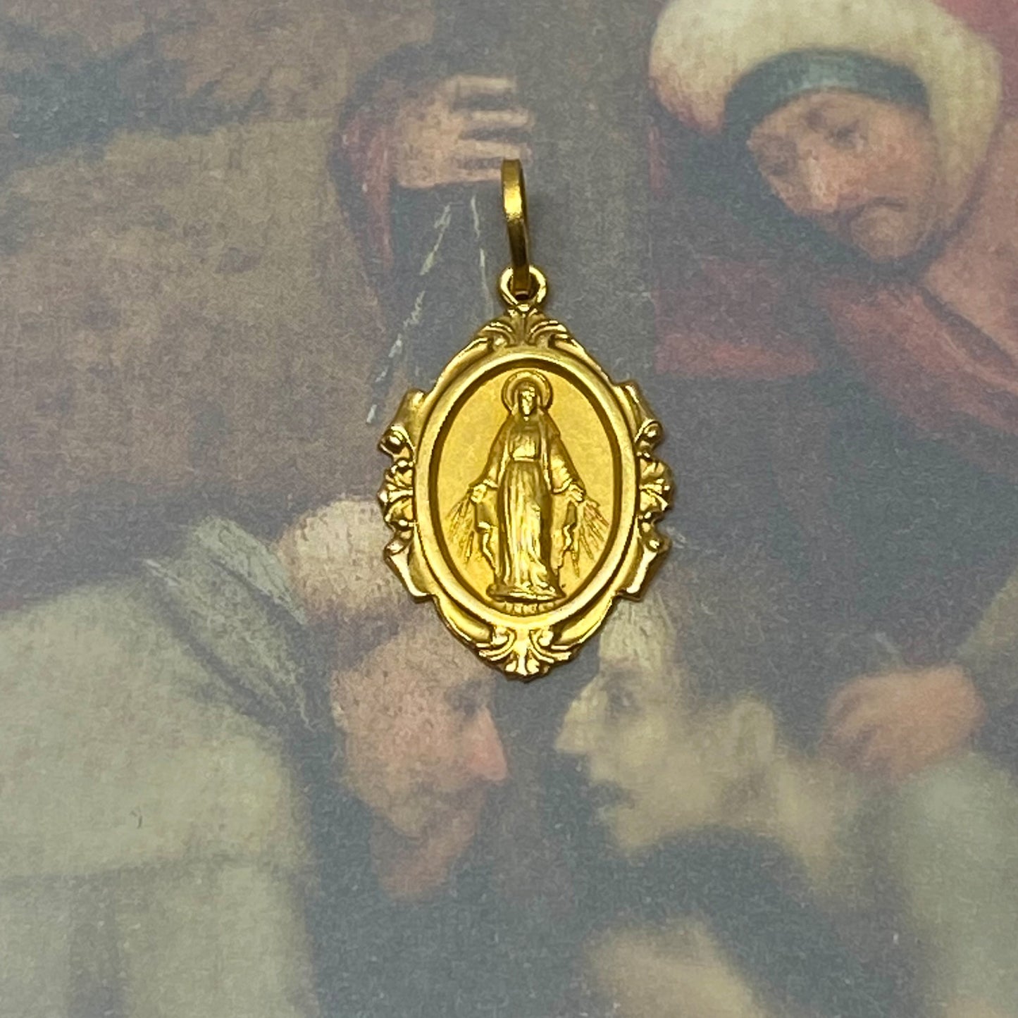 Vintage 18K Gold Miraculous Medal, Our Lady of Graces Pendant