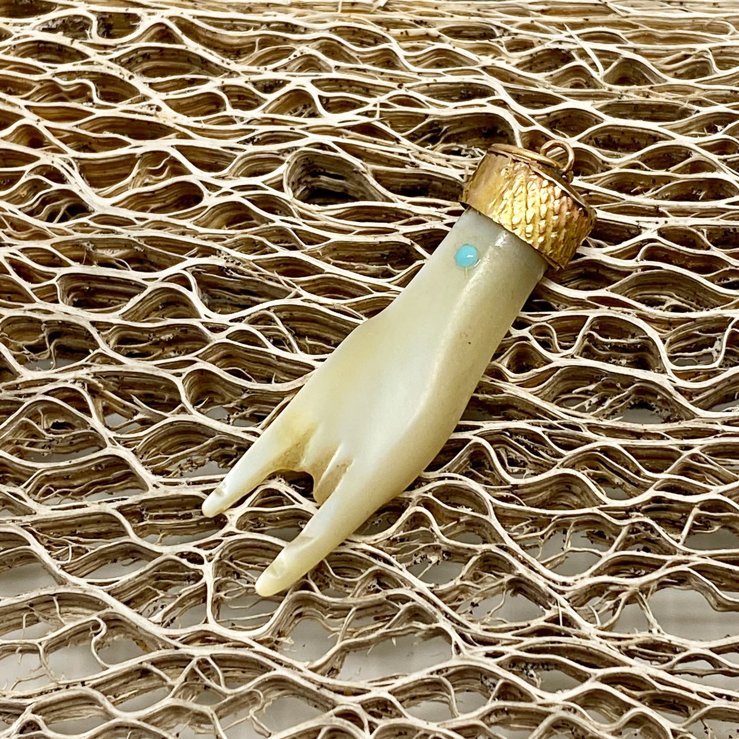 Antique 9k Gold Mother of Pearl Horned Hand Figa Charm