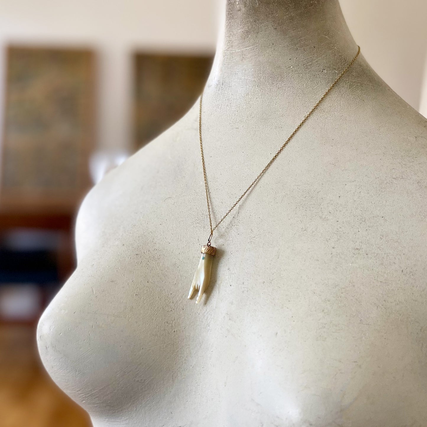 Antique 9k Gold Mother of Pearl Horned Hand Figa Charm