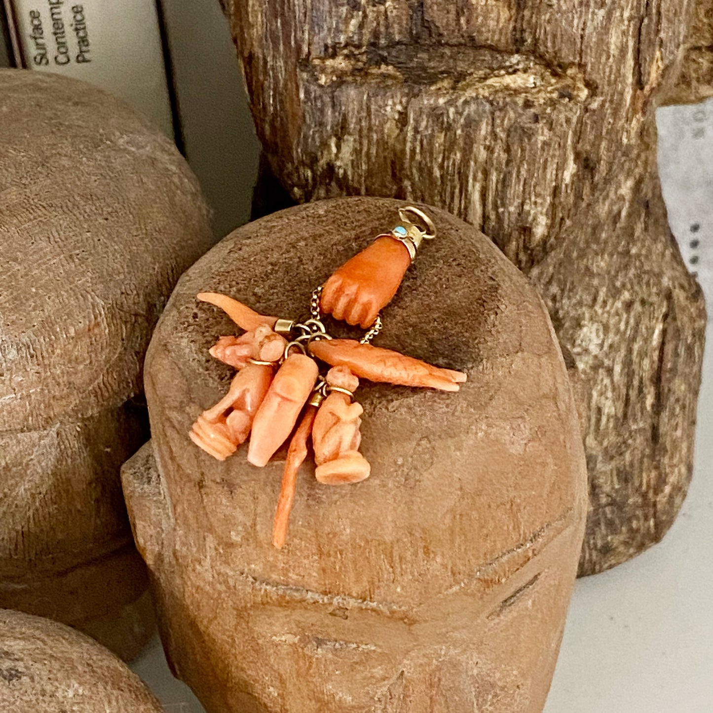 Antique 14K Gold Coral Fist Charm, Victorian Natural Mediterranean Coral Figa Charm