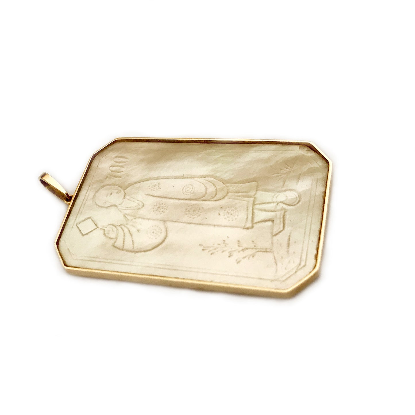 Antique 18K Gold Mother of Pearl Chinese Gaming Counter Token Pendant