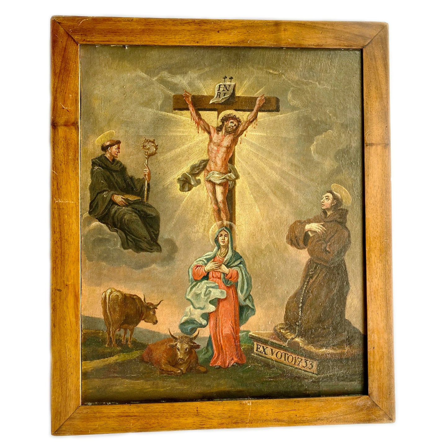 Antique German Ex Voto Painting 18th Century Oil On Wood Retablo