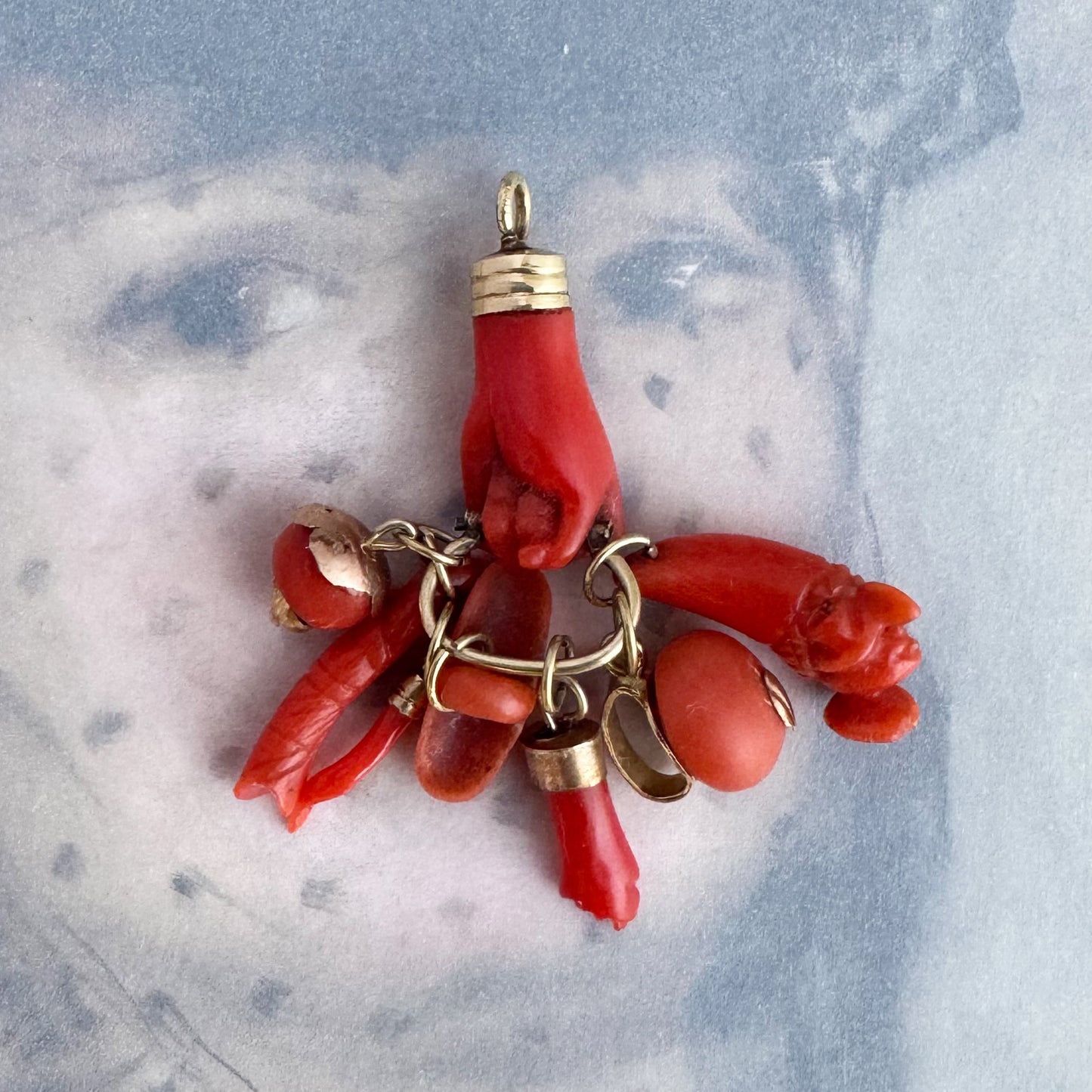 Antique Victorian Coral Figa Hand Pendant, 9K Gold Fist Lucky Charm, Talismans, Mediterranean Amulet