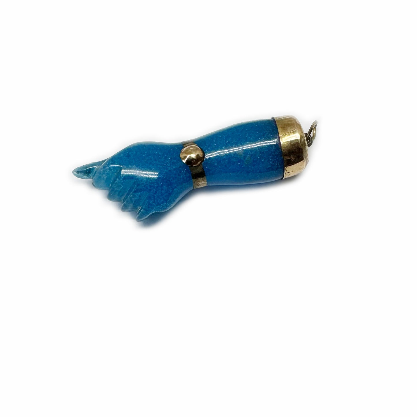 Vintage 1950s 9k Gold Blue Figa Charm, Carved Resine Hand Amulet, Vintage Mano Fico, Lucky Fist Pendant