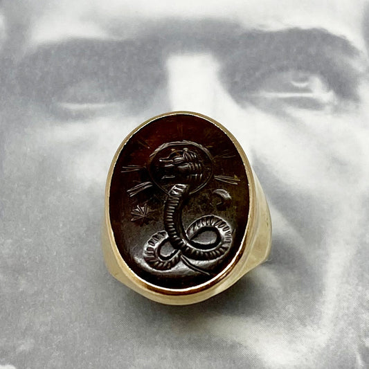 Antique 18K Gold Chnoubis Sard Intaglio Ring, Rare Double-Sided Lion Serpent Talisman, Greco-Egyptian Signet, Size 8