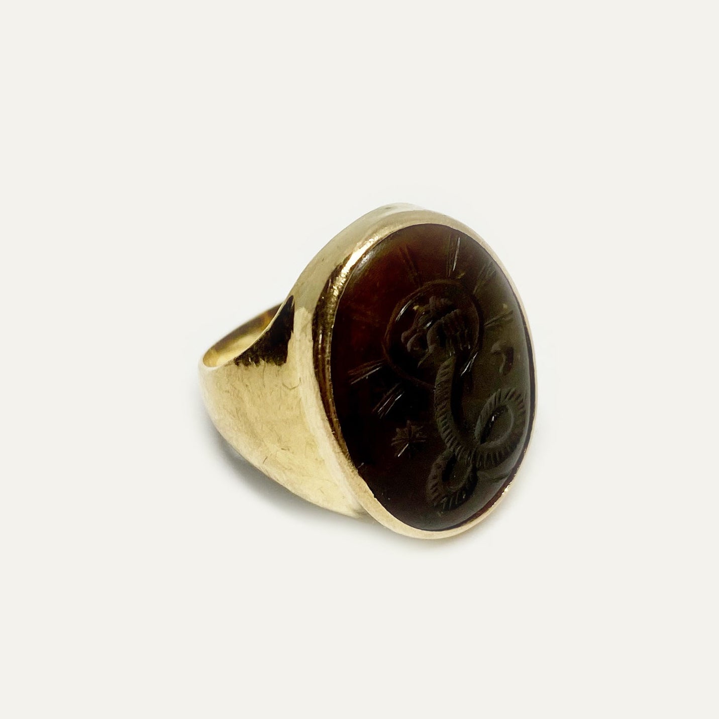 Antique 18K Gold Chnoubis Sard Intaglio Ring, Rare Double-Sided Lion Serpent Talisman, Greco-Egyptian Signet, Size 8