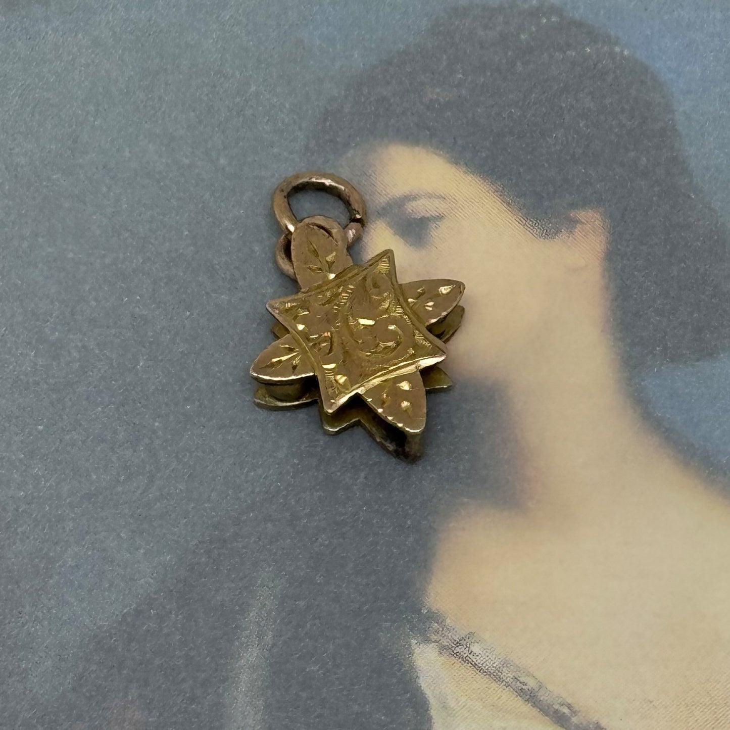 Antique 9k Gold Star Charm, Victorian 9ct Gold Star Pendant, 8 Sides Star Fob, Engraved Gold, Embellished Solid Gold Jewelry, Star Jewellery