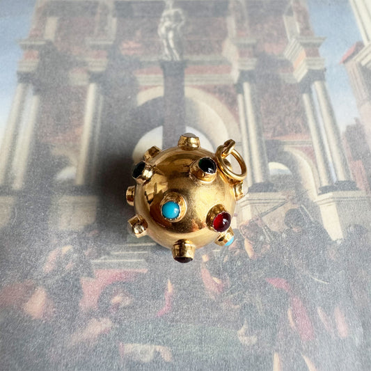 Vintage 19.2k Gold Sputnik Orb Pendant, 1950s Estate Semi-Precious Gemstone Sphere Charm