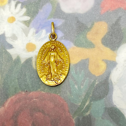 Vintage 18K Gold Miraculous Medal, Antique, Our Lady of Graces Pendant