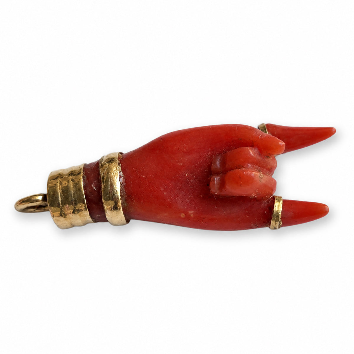 Antique 14k Coral Horned Hand, Natural Mediterranean Coral, Lucky Charm, Victorian, Figa Charm, Sign of Horn, Mano Cornuto, Evil Eye