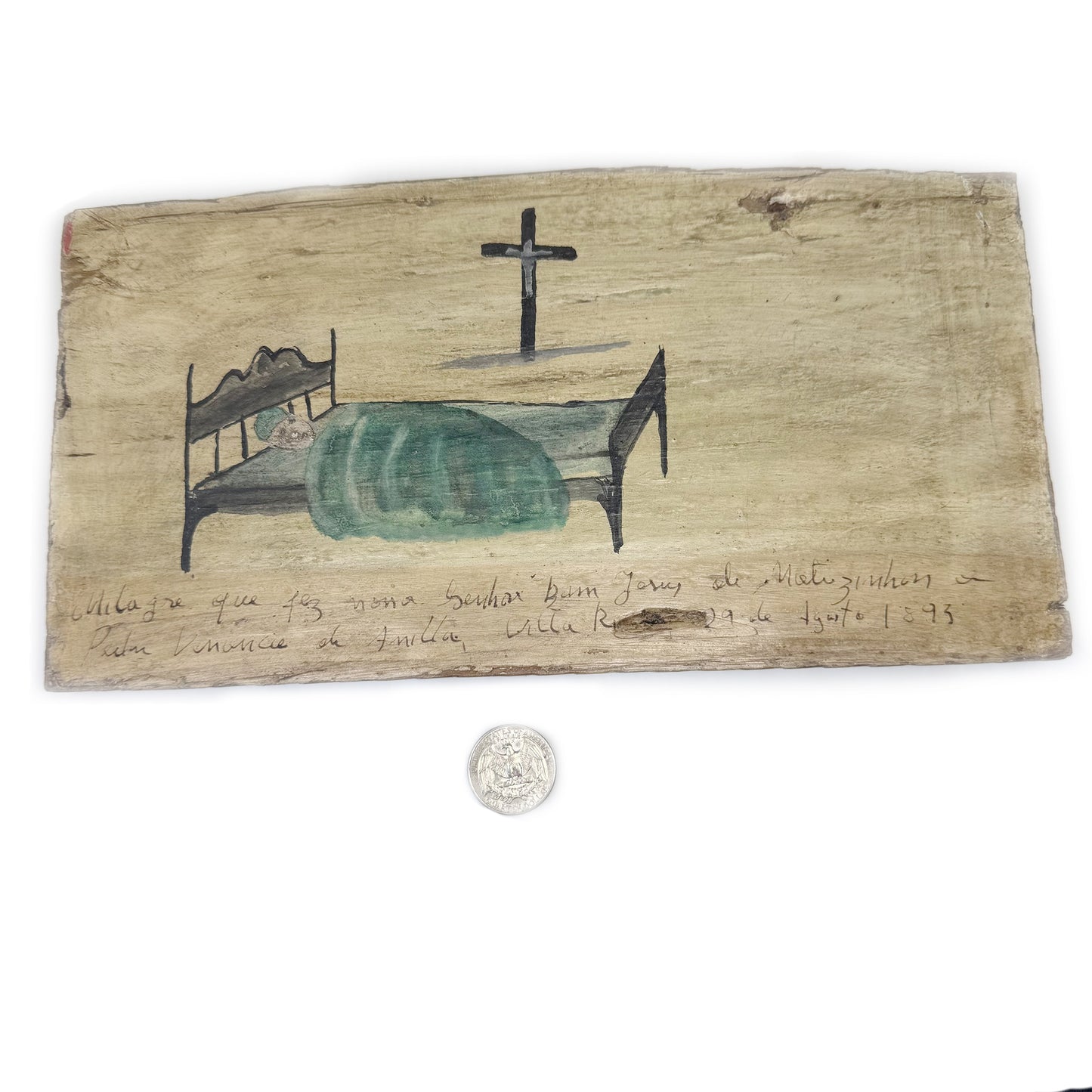 Antique Portuguese Ex Voto Painting 1893 Folk Art Retablo on Wood Religious Miracle Healing Devotional Santos Colonial Portuguese