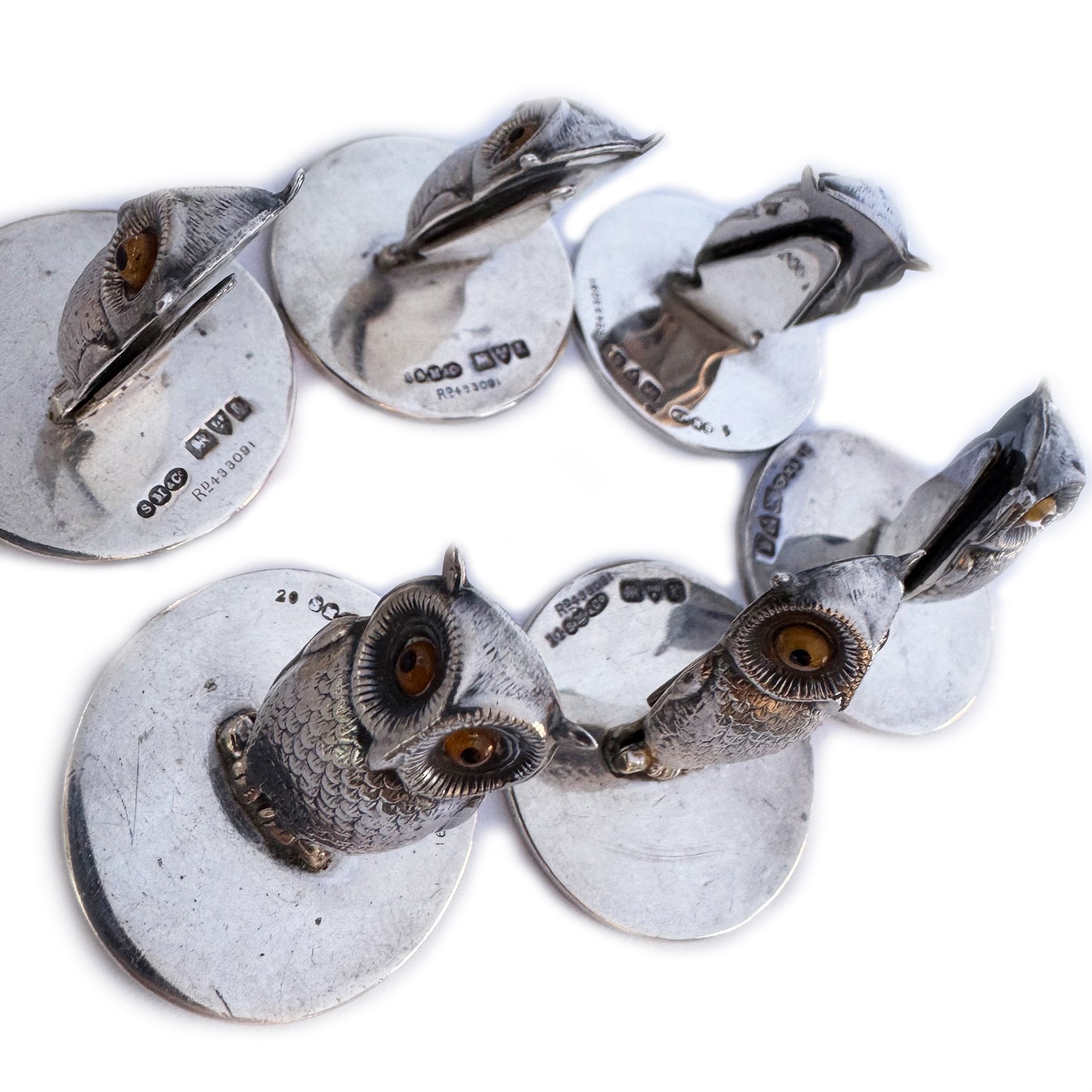 Antique Sterling Silver Owl Menu Holders, Set of 6 S Mordan Chester, 1905 Edwardian Place Card Holders, Glass Eyes, Hallmarked Silver